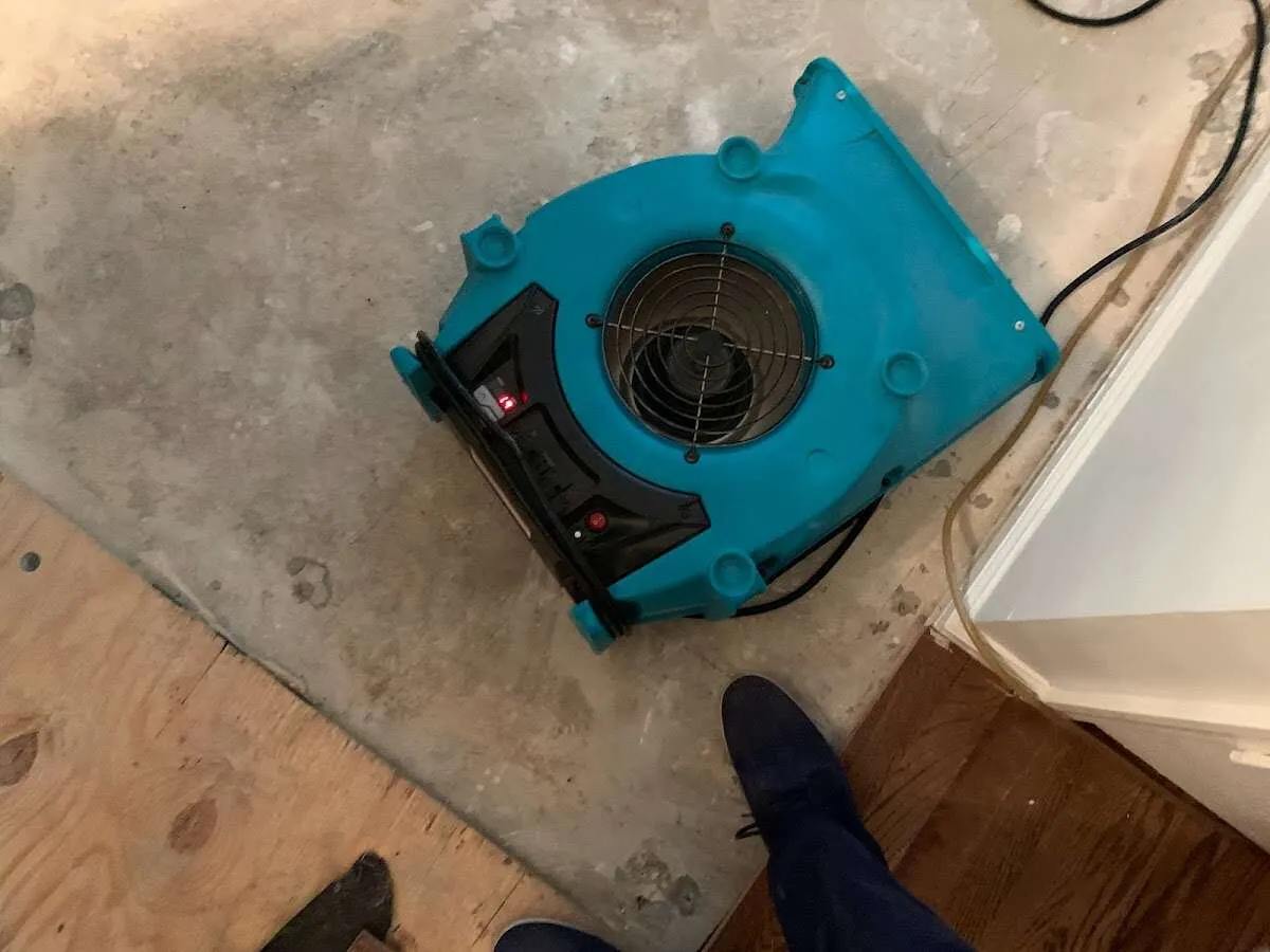 Air mover drying subfloor during Commercial Water Damage Restoration in Shallotte
